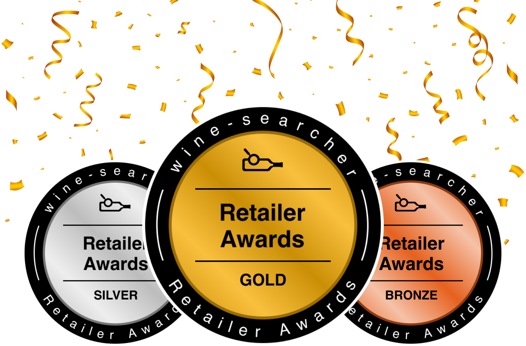 Wine-Searcher Gold, Silver and Bronze retailer award seals